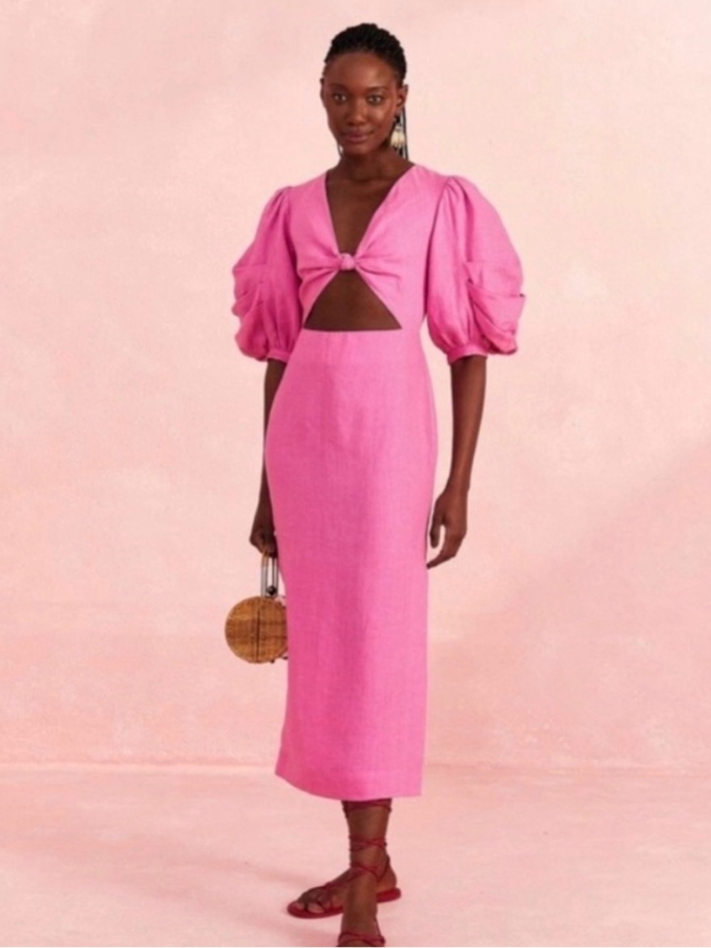 Farm Rio pink linen cut out midi dress (NWT)